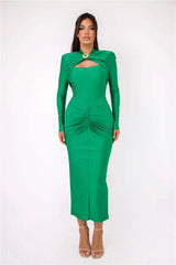 Hollow Out Long Sleeve Metal Buckle Ruched Slit Maxi Dress - Rown