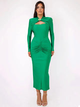 Hollow Out Long Sleeve Metal Buckle Ruched Slit Maxi Dress - Rown