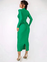 Hollow Out Long Sleeve Metal Buckle Ruched Slit Maxi Dress - Rown