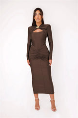 Hollow Out Long Sleeve Metal Buckle Ruched Slit Maxi Dress - Rown