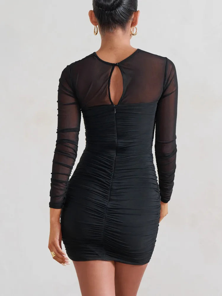 Hollow Out Mesh Sheer Ruched Mini Dress - Rown