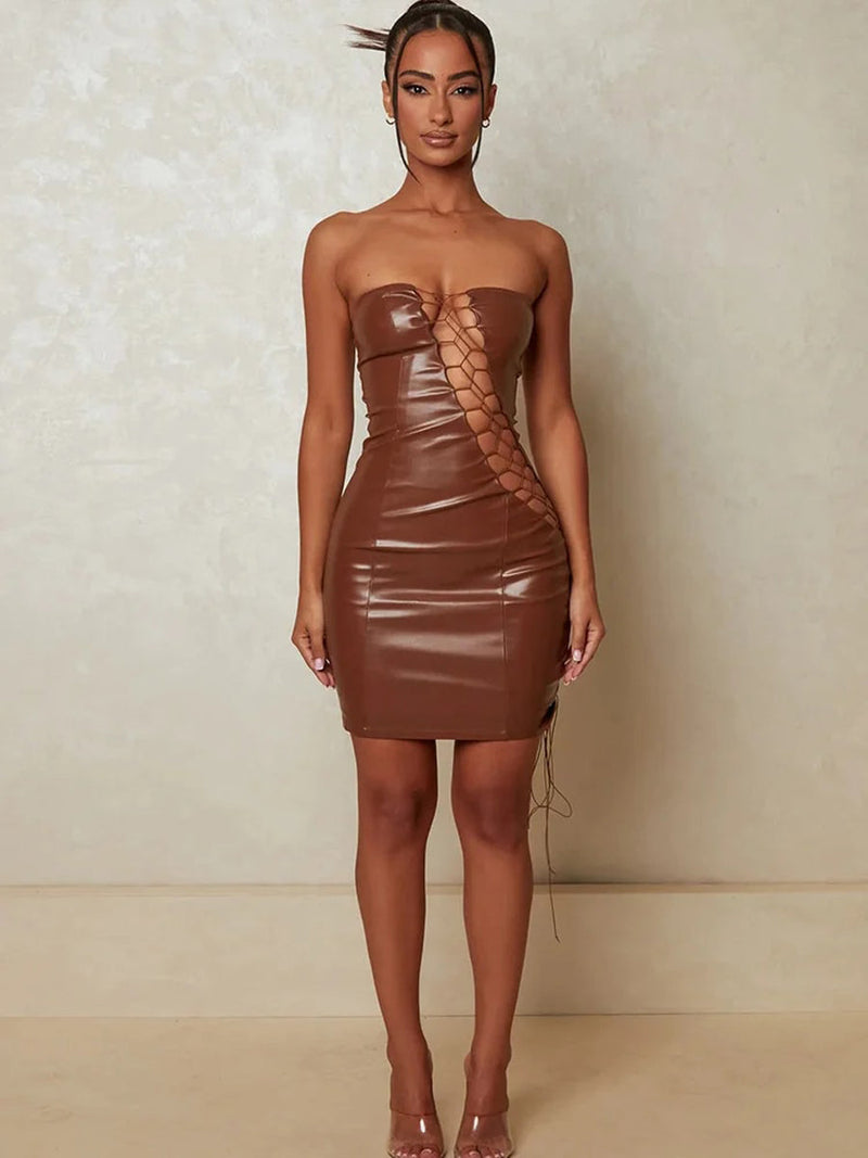 Hollow Out PU Leather Backless Bodycon Mini Dresses - Rown