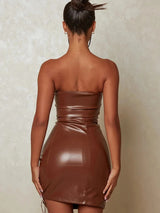 Hollow Out PU Leather Backless Bodycon Mini Dresses - Rown