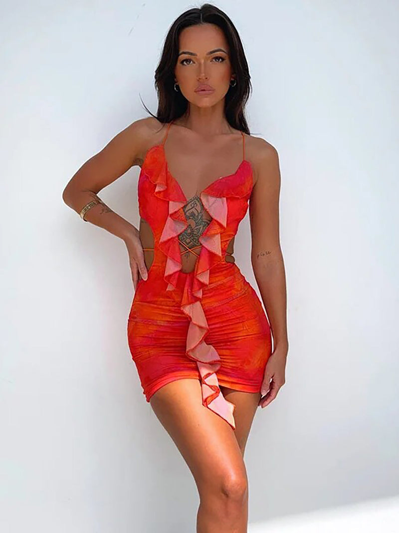 Hollow Out Ruffle Halter Backless Bodycon Mini Dress - Rown