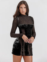 Hollow Out Sheer Lace Velvet Mini Dress - Rown