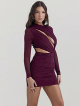 Hollow Out Sheer Long Sleeve Bodycon Mini Dress - Rown