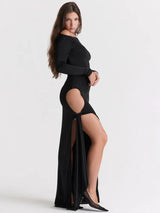 Hollow Out Slash Neck Split Maxi Dress - Rown