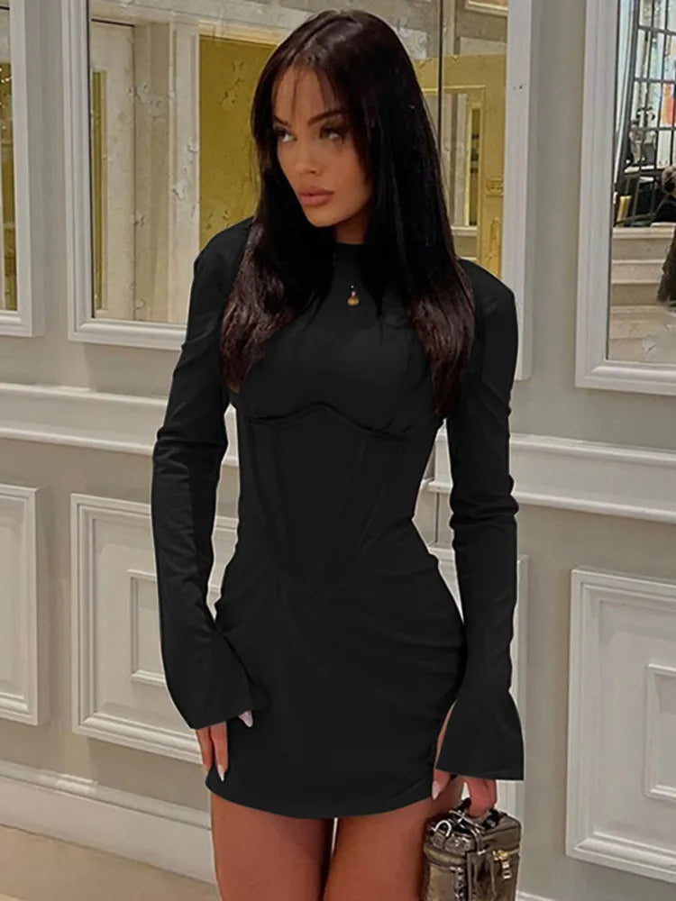 Illusion O-Neck Split Flare Sleeve Wrap Skirt Bodycone Mini Dress Rown