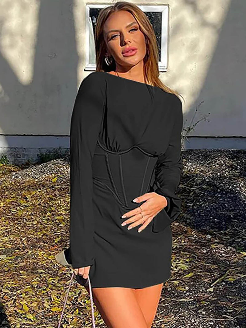 Illusion O-Neck Split Flare Sleeve Wrap Skirt Bodycone Mini Dress - Rown