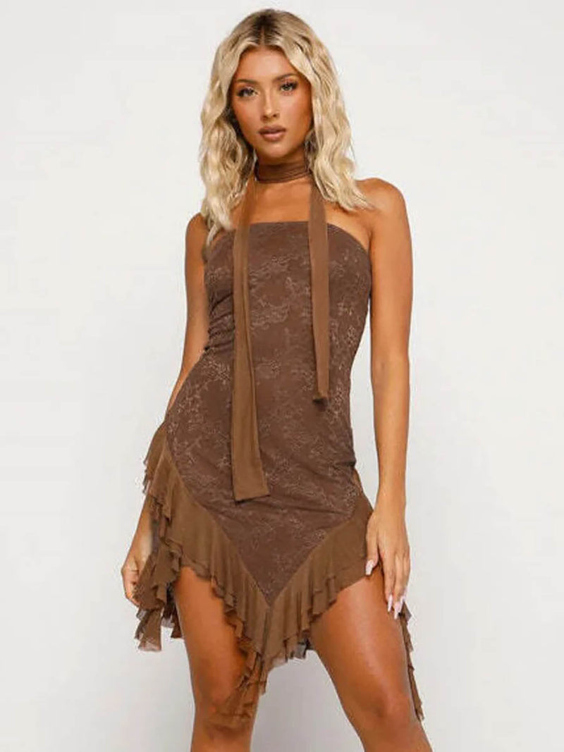 Irregular Ruffles Lace Patchwork Strapless Mini Dress - Rown