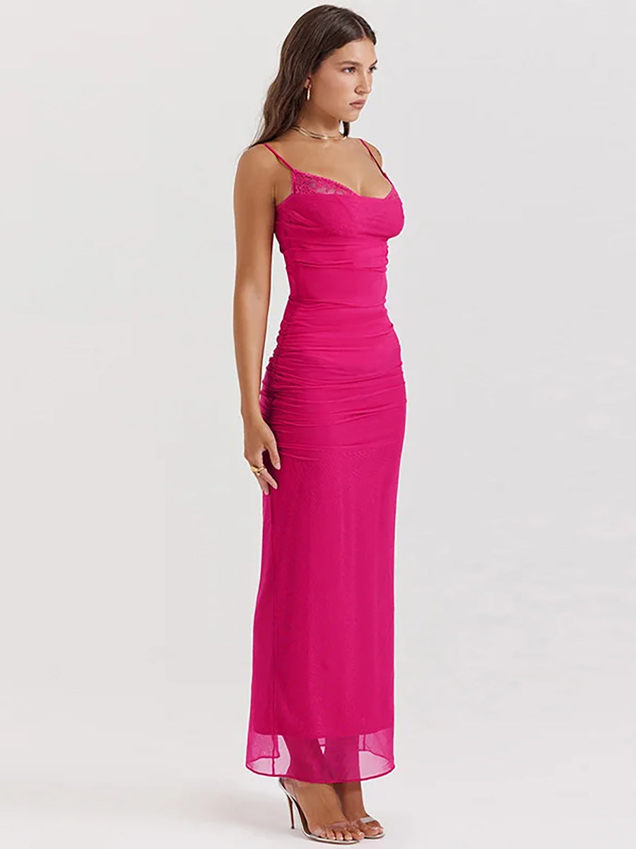 Lace Mesh Backless Sleeveless Bodycon Maxi Dress Rown