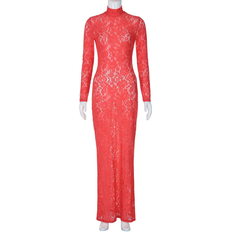 Lace See Through Hollow Out Bodycon Maxi Dress Rown