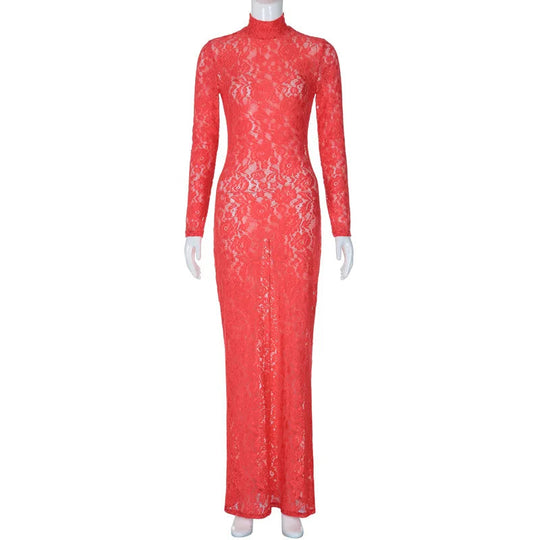 Lace See Through Hollow Out Bodycon Maxi Dress Rown