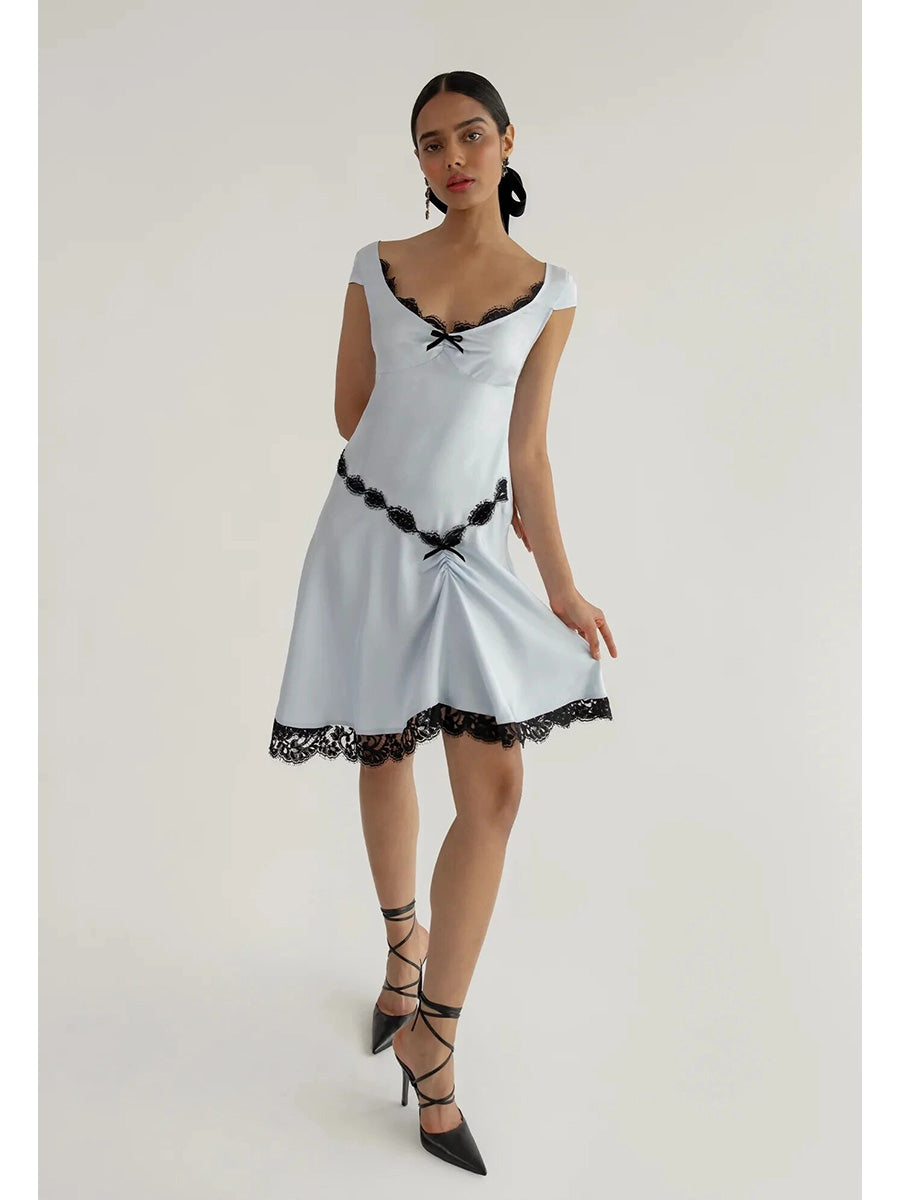 Lace Sleevealess Bow Satin Midi Dress Rown