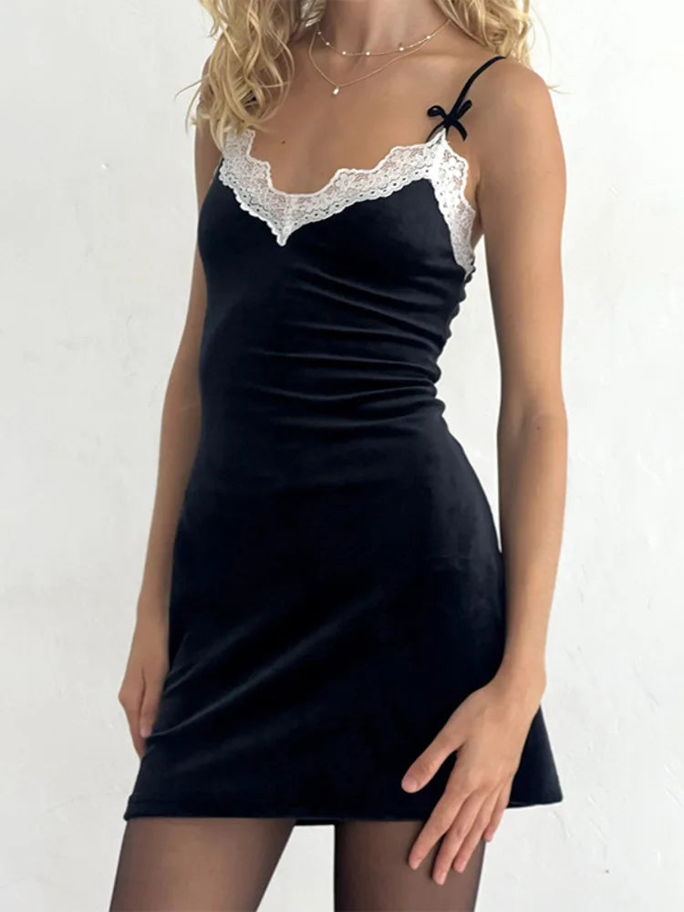 Lace Spaghetti Strap Backless Black Mini Dress Rown