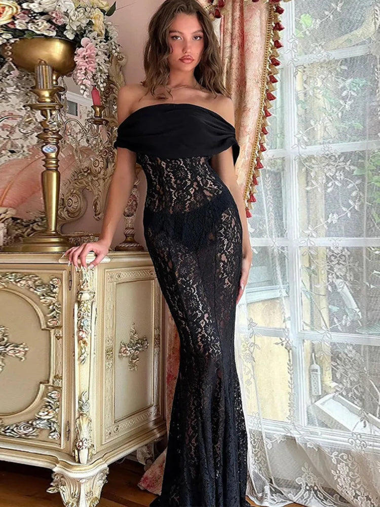Lace Strapless Backless Black Maxi Dress Rown