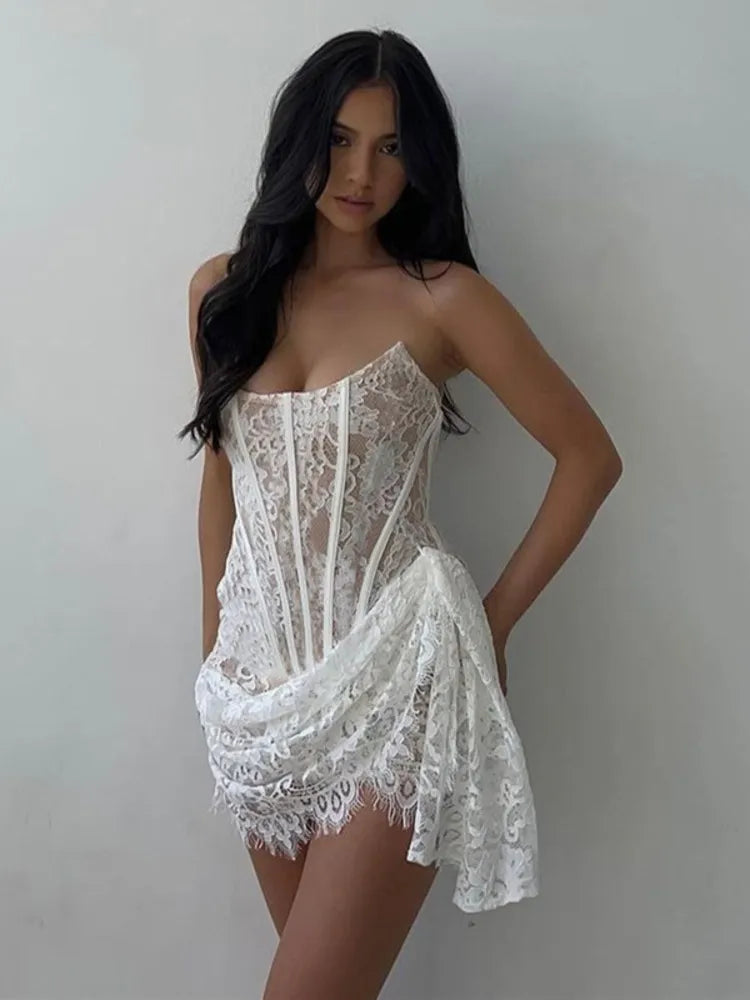 Lace Strapless Ruched Fishbone Off-shoulder Mini Dress Rown