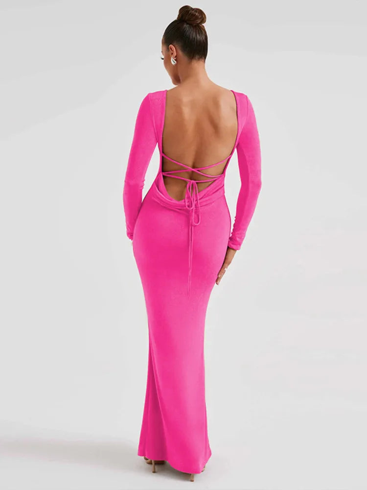 Lace-up Backless Long Sleeve Elegant Maxi Dress Rown