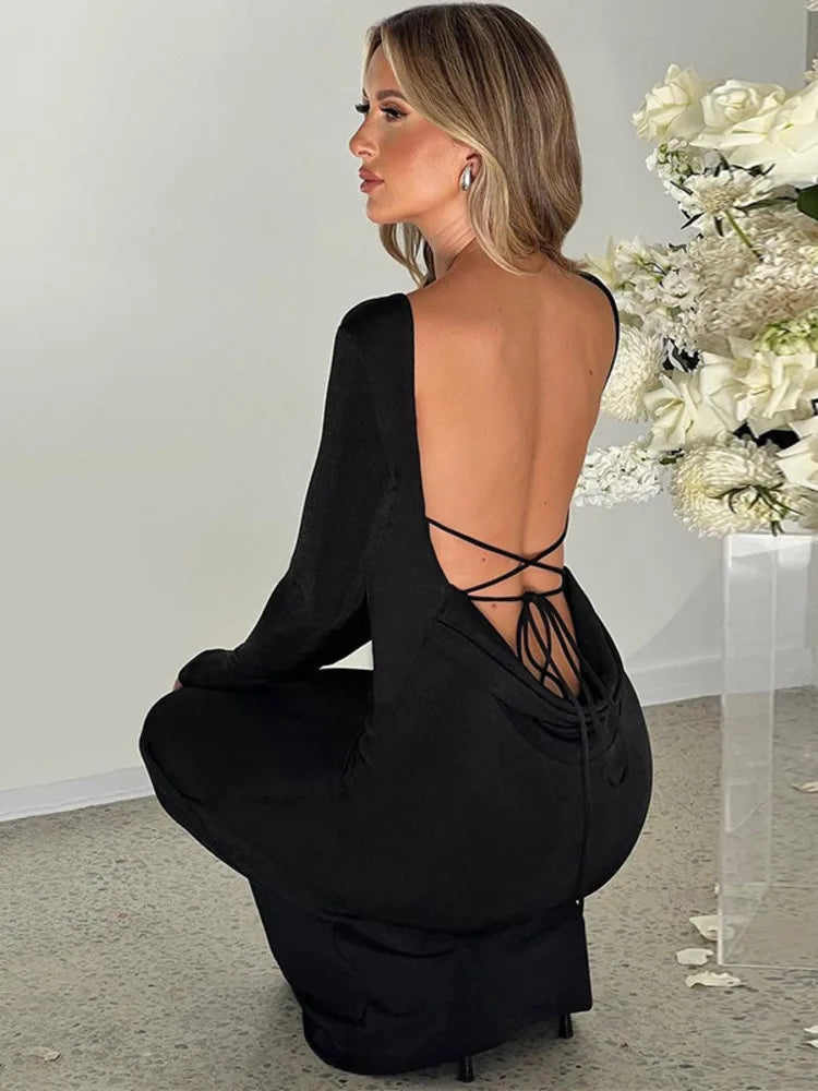 Lace-up Backless Long Sleeve Elegant Maxi Dress Rown