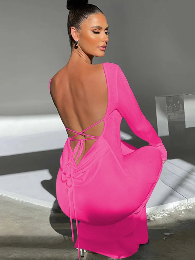 Lace-up Backless Long Sleeve Elegant Maxi Dress Rown