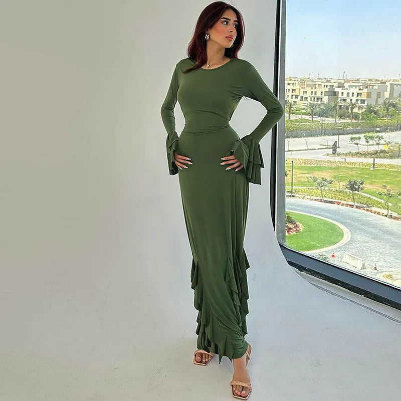 Lace-up Long Flare Sleeve O Neck Loose Ruffled Maxi Dress - Rown