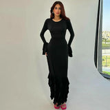 Lace-up Long Flare Sleeve O Neck Loose Ruffled Maxi Dress - Rown