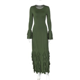 Lace-up Long Flare Sleeve O Neck Loose Ruffled Maxi Dress - Rown