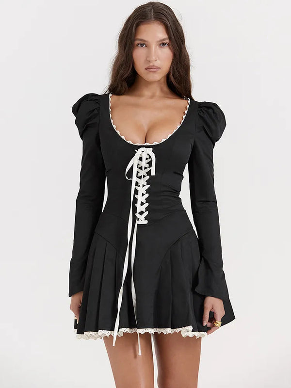 Lace Bandage Square Collar Puff Sleeve Mini Dress - Rown