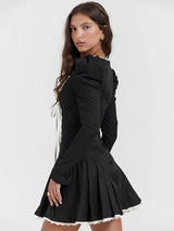 Lace Bandage Square Collar Puff Sleeve Mini Dress - Rown