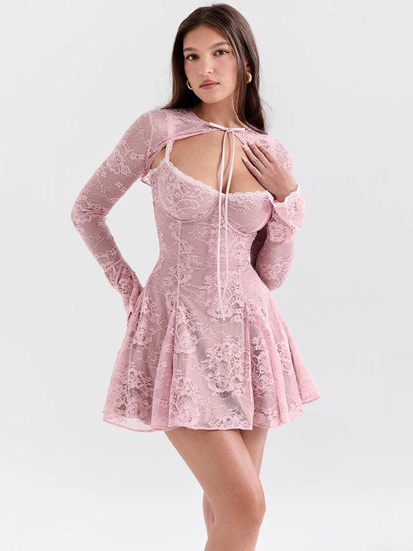 Lace Flare Long Sleeve Pink O Neck A-line High Waist Pleated Mini Dress - Rown