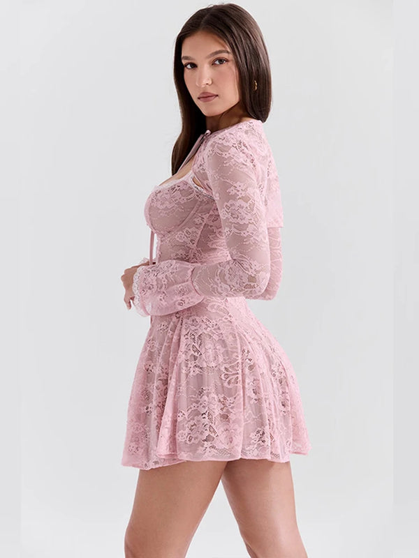 Lace Flare Long Sleeve Pink O Neck A-line High Waist Pleated Mini Dress - Rown