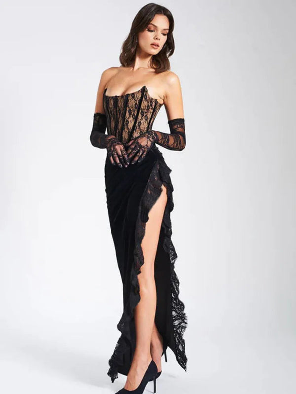 Lace Patchwork Strapless High Split Elegant Midi Dress - Rown