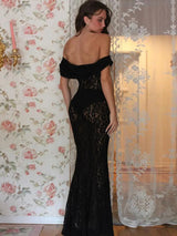 Lace Strapless Backless Black Maxi Dress - Rown