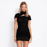 Ladies Sexy Mesh O-Neck Backless Solid Mini Dress Rown