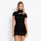 Ladies Sexy Mesh O-Neck Backless Solid Mini Dress - Rown