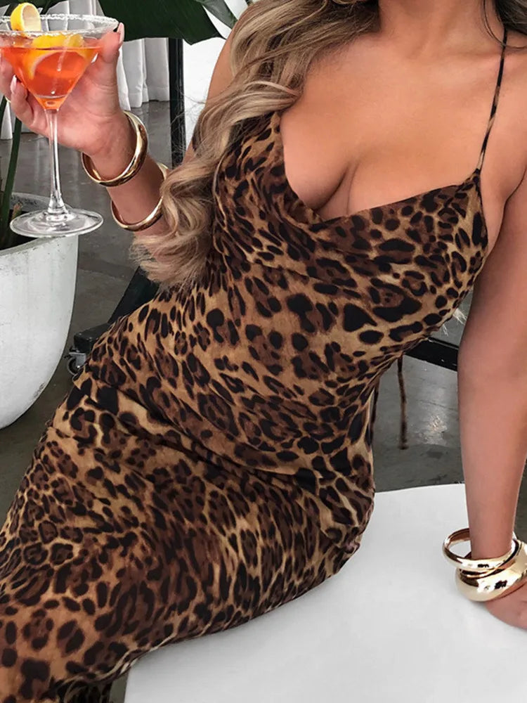 Leopard Print Spaghetti Strap Sleeveless Maxi Dress Rown