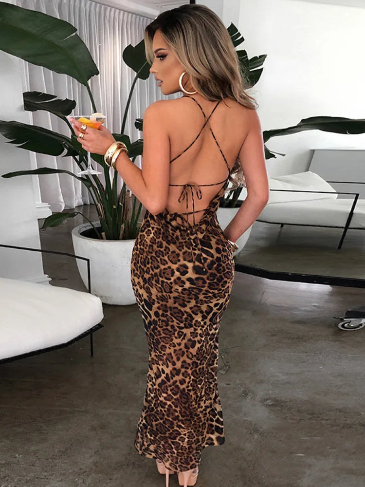 Leopard Print Spaghetti Strap Sleeveless Maxi Dress Rown