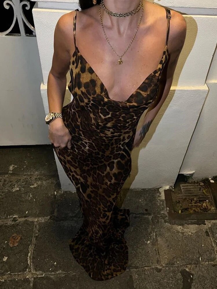 Leopard Print V-Neck Bodycon Long Dress Rown