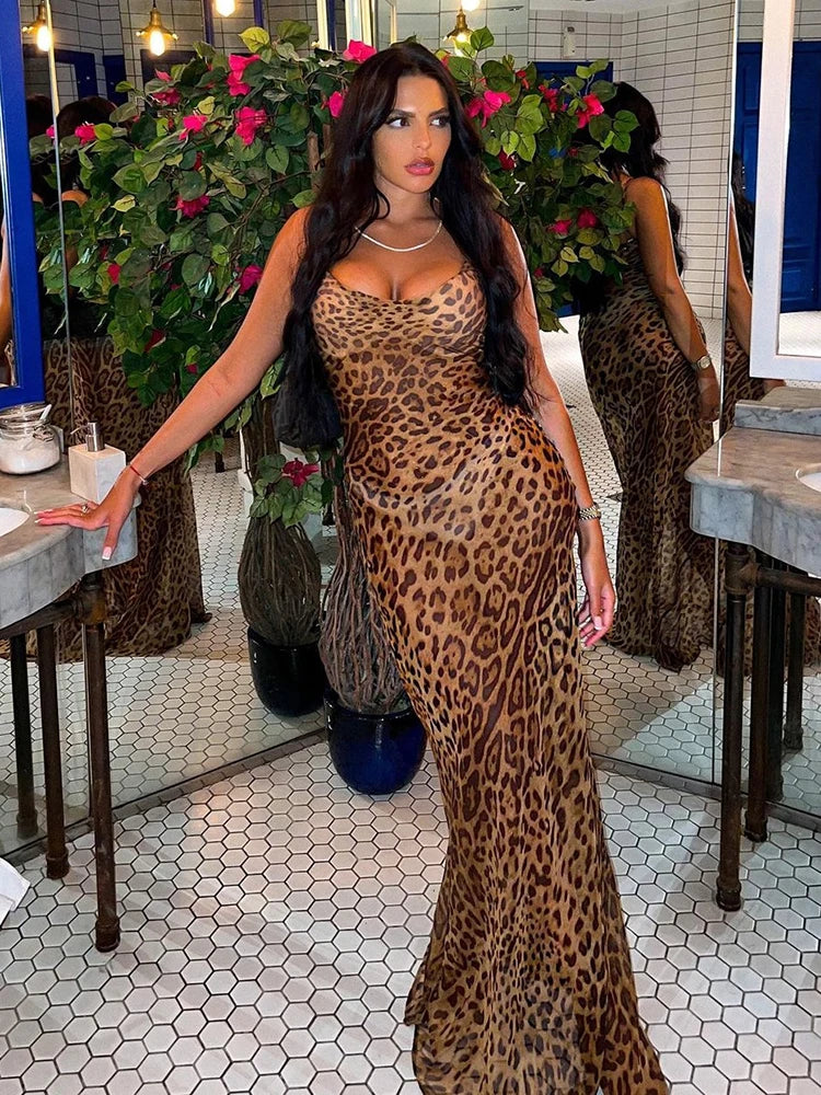 Leopard Print V-Neck Bodycon Long Dress Rown