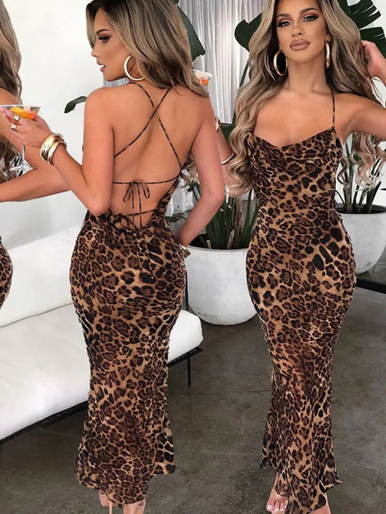 Leopard Print Spaghetti Strap Sleeveless Maxi Dress - Rown