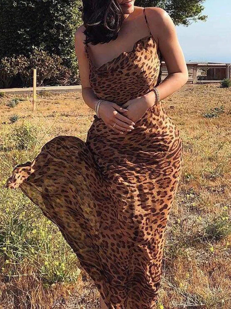 Leopard Print V-Neck Bodycon Long Dress - Rown