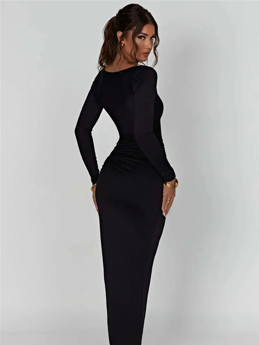 Long Sleeve Ruched High Split Maxi Dress Rown