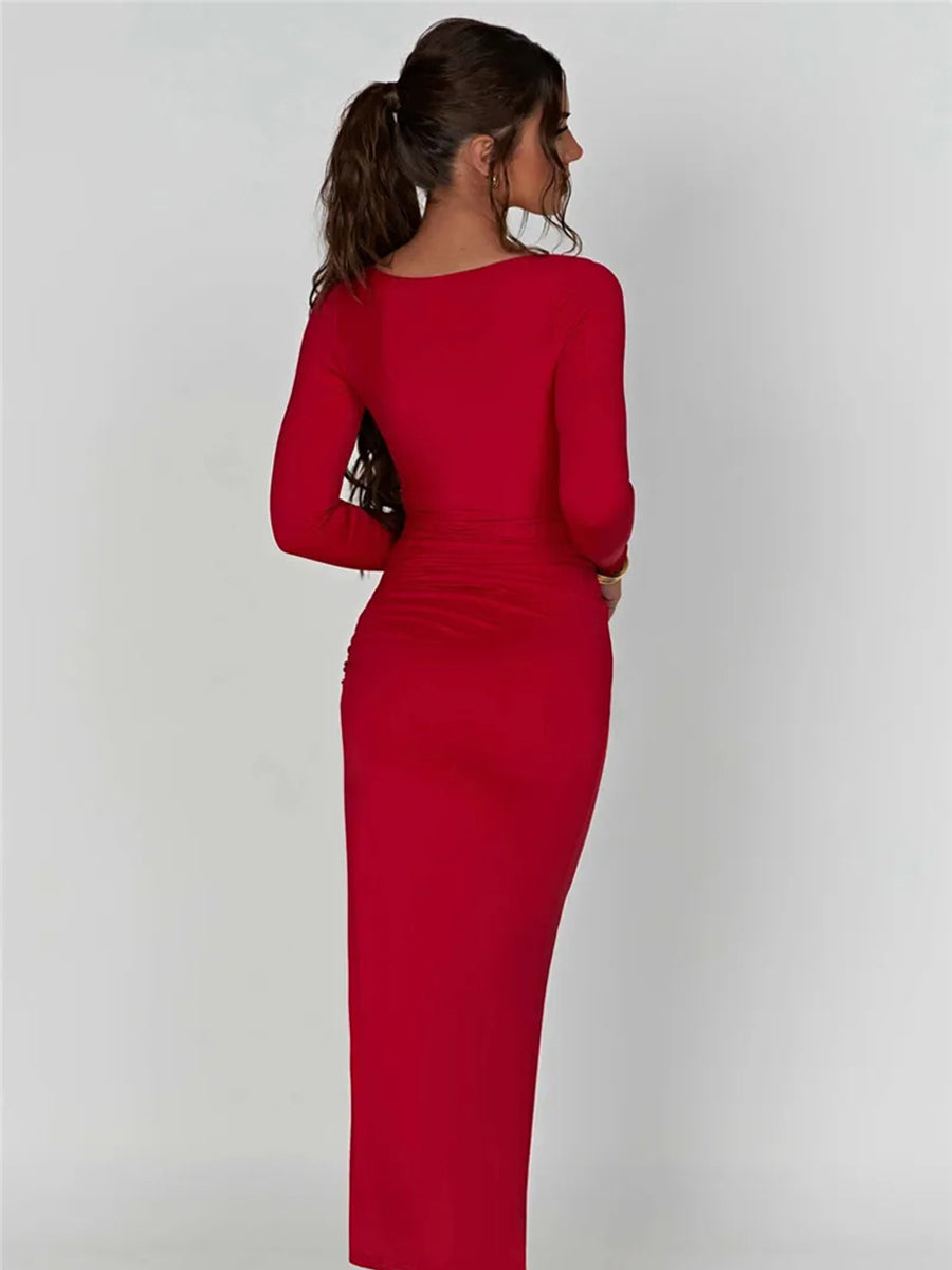 Long Sleeve Ruched High Split Maxi Dress Rown