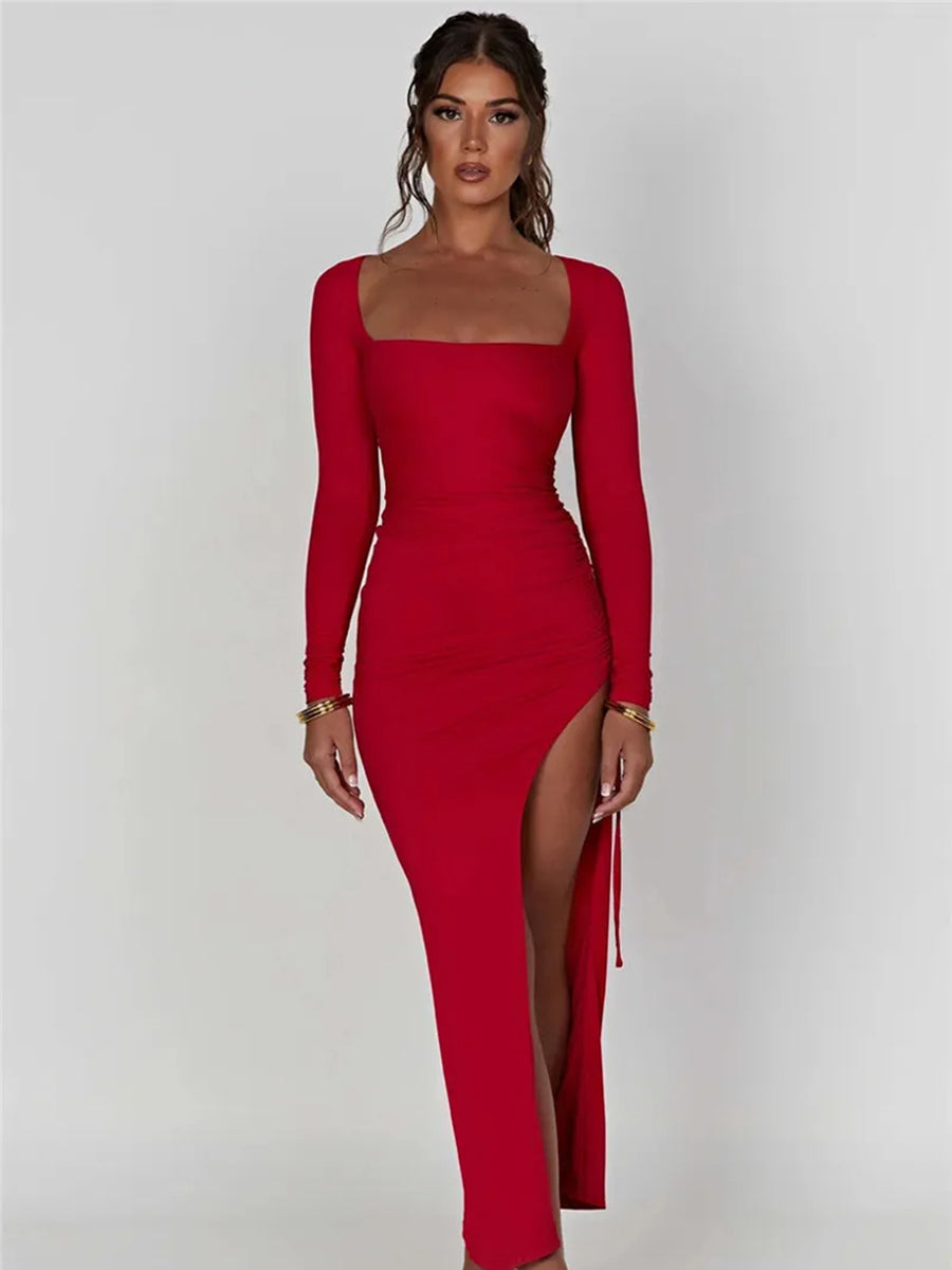 Long Sleeve Ruched High Split Maxi Dress Rown