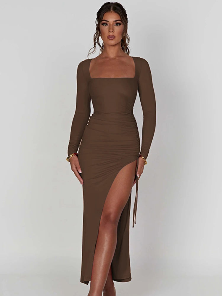 Long Sleeve Ruched High Split Maxi Dress Rown