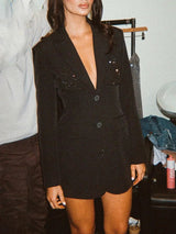 Long Sleeve Sequin Sparkle Black Lapel Mini Blazer Dress Rown