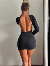 Long Sleeve Bodycon O-Neck Backless Mini Dress - Rown