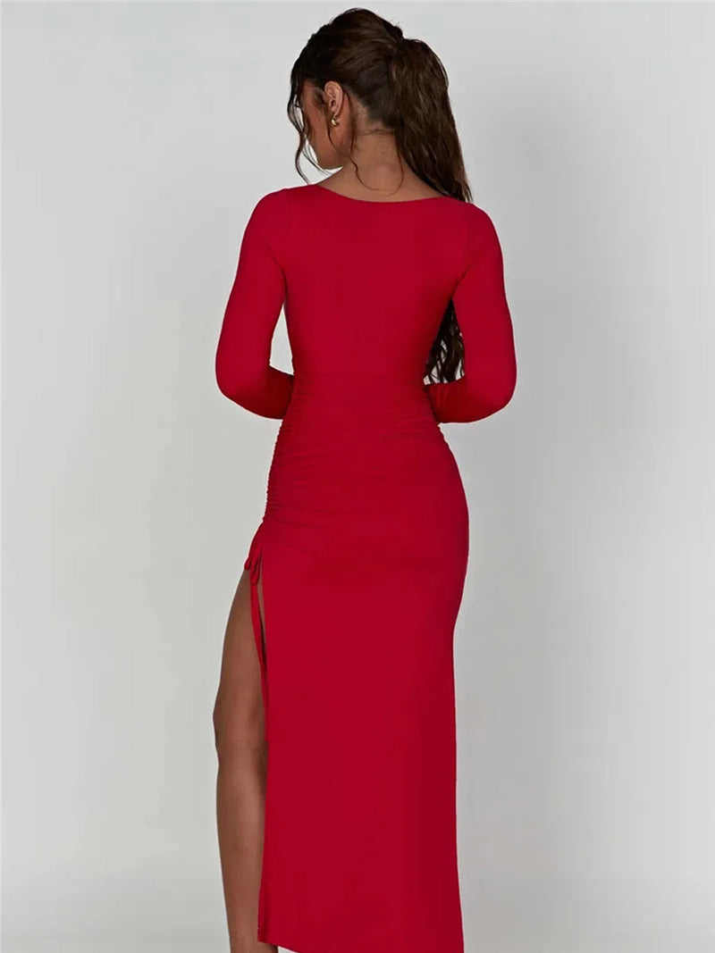 Long Sleeve Ruched High Split Maxi Dress - Rown