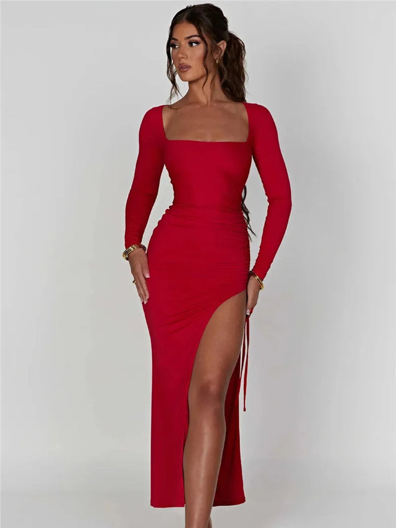 Long Sleeve Ruched High Split Maxi Dress - Rown