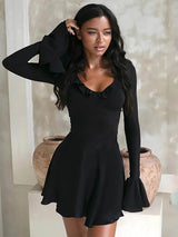 Long Sleeve Solid V-Neck Ruffles A-line Mini Dress - Rown